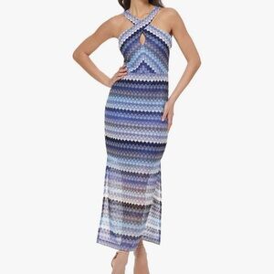 Blue and White Patterned Halter Dress